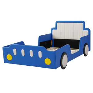 English Elm Twin Race Car Platform Bed for Kids Pine Wood Frame with Safety Rails Blue SF000127AAC-1