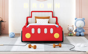 English Elm Twin Race Car Platform Bed for Kids Pine Wood Frame with Safety Rails Red SF000127AAJ-1