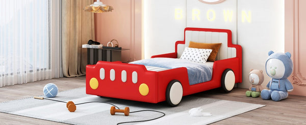 English Elm Twin Race Car Platform Bed for Kids Pine Wood Frame with Safety Rails Red SF000127AAJ-1