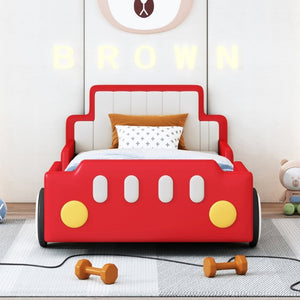 English Elm Twin Race Car Platform Bed for Kids Pine Wood Frame with Safety Rails Red SF000127AAJ-1