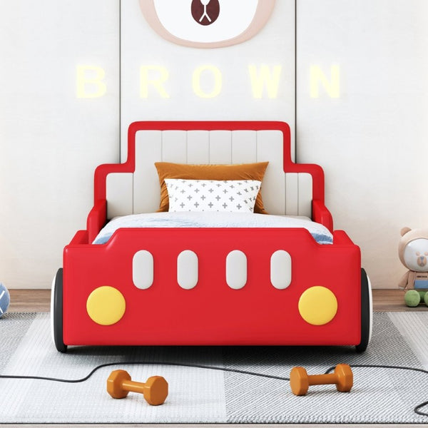English Elm Twin Race Car Platform Bed for Kids Pine Wood Frame with Safety Rails Red SF000127AAJ-1
