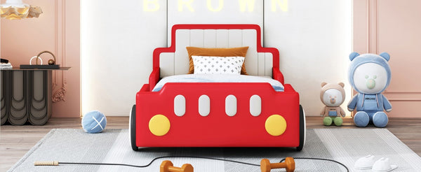 English Elm Twin Race Car Platform Bed for Kids Pine Wood Frame with Safety Rails Red SF000127AAJ-1