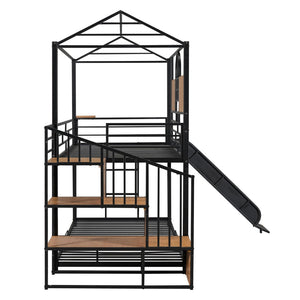 English Elm Twin Playhouse Bunk Bed with Built-in Slide Stair Storage and Iron Frame Black SF000195AAB-1