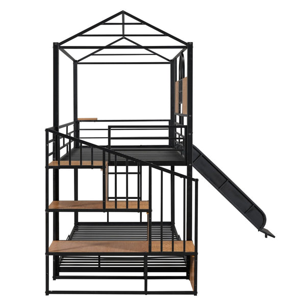 English Elm Twin Playhouse Bunk Bed with Built-in Slide Stair Storage and Iron Frame Black SF000195AAB-1