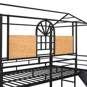 English Elm Twin Playhouse Bunk Bed with Built-in Slide Stair Storage and Iron Frame Black SF000195AAB-1