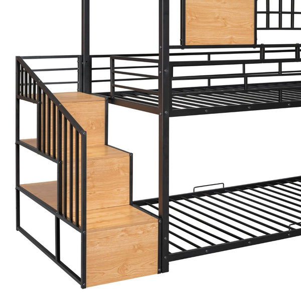 English Elm Twin Playhouse Bunk Bed with Built-in Slide Stair Storage and Iron Frame Black SF000195AAB-1