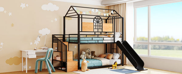 English Elm Twin Playhouse Bunk Bed with Built-in Slide Stair Storage and Iron Frame Black SF000195AAB-1
