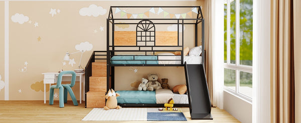 English Elm Twin Playhouse Bunk Bed with Built-in Slide Stair Storage and Iron Frame Black SF000195AAB-1