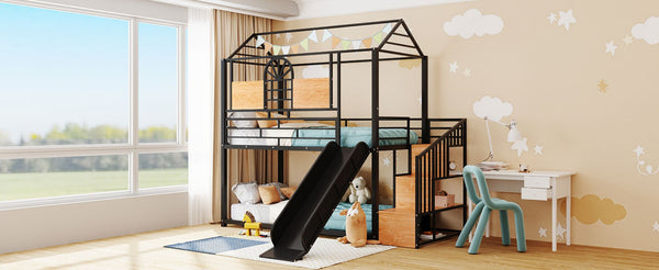 English Elm Twin Playhouse Bunk Bed with Built-in Slide Stair Storage and Iron Frame Black SF000195AAB-1