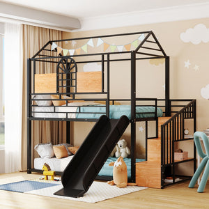 English Elm Twin Playhouse Bunk Bed with Built-in Slide Stair Storage and Iron Frame Black SF000195AAB-1