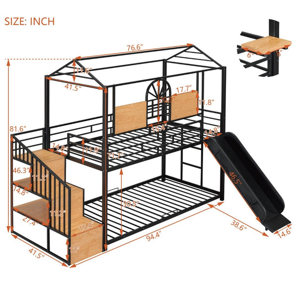English Elm Twin Playhouse Bunk Bed with Built-in Slide Stair Storage and Iron Frame Black SF000195AAB-1