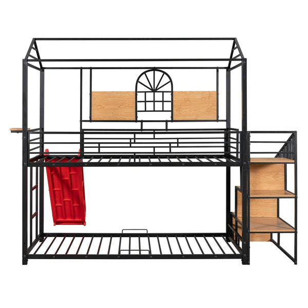 English Elm Twin Playhouse Bunk Bed with Built-in Slide Stair Storage and Iron Frame SF000195AAJ-1