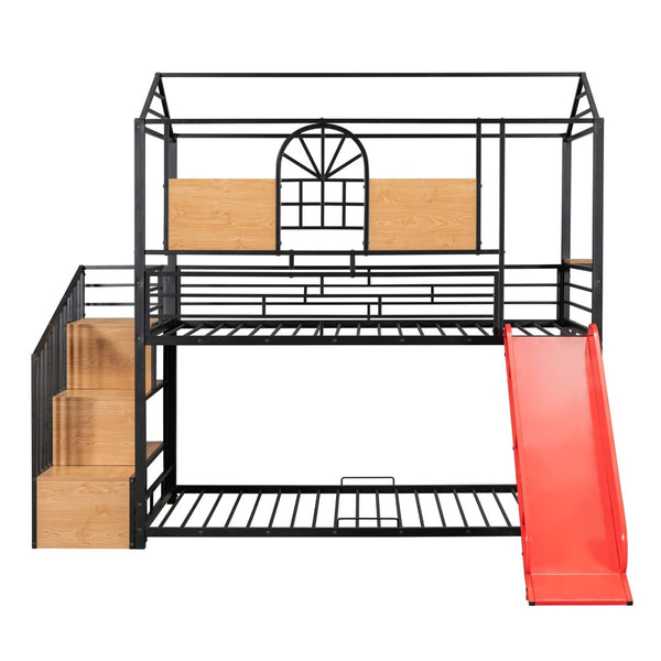 English Elm Twin Playhouse Bunk Bed with Built-in Slide Stair Storage and Iron Frame SF000195AAJ-1