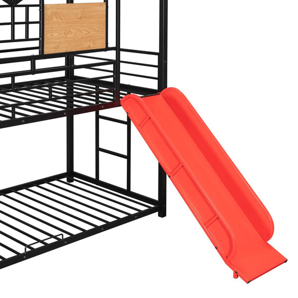 English Elm Twin Playhouse Bunk Bed with Built-in Slide Stair Storage and Iron Frame SF000195AAJ-1