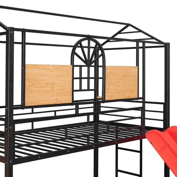 English Elm Twin Playhouse Bunk Bed with Built-in Slide Stair Storage and Iron Frame SF000195AAJ-1