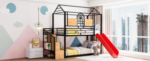 English Elm Twin Playhouse Bunk Bed with Built-in Slide Stair Storage and Iron Frame SF000195AAJ-1
