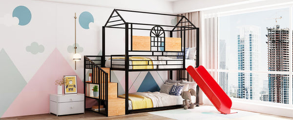 English Elm Twin Playhouse Bunk Bed with Built-in Slide Stair Storage and Iron Frame SF000195AAJ-1