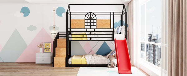 English Elm Twin Playhouse Bunk Bed with Built-in Slide Stair Storage and Iron Frame SF000195AAJ-1