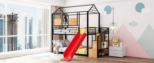 English Elm Twin Playhouse Bunk Bed with Built-in Slide Stair Storage and Iron Frame SF000195AAJ-1