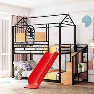 English Elm Twin Playhouse Bunk Bed with Built-in Slide Stair Storage and Iron Frame SF000195AAJ-1