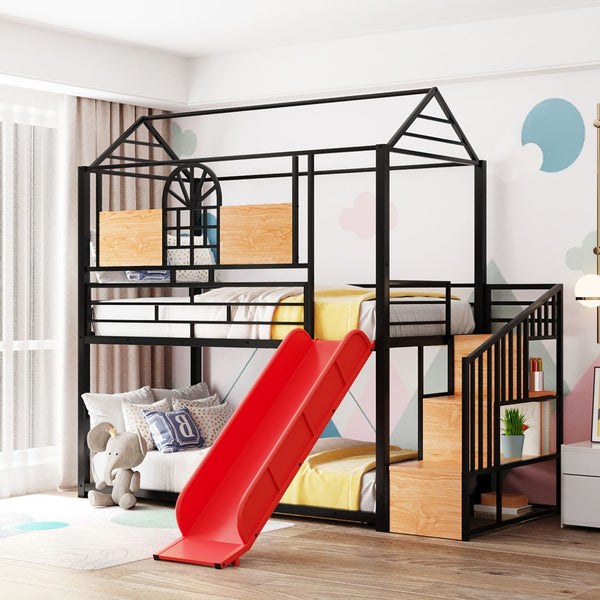 English Elm Twin Playhouse Bunk Bed with Built-in Slide Stair Storage and Iron Frame SF000195AAJ-1