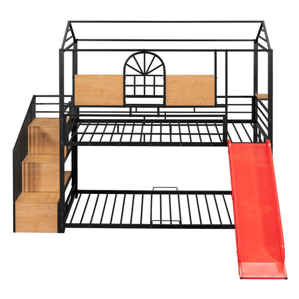 English Elm Twin Playhouse Bunk Bed with Built-in Slide Stair Storage and Iron Frame SF000195AAJ-1