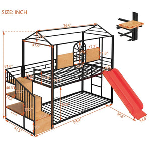 English Elm Twin Playhouse Bunk Bed with Built-in Slide Stair Storage and Iron Frame SF000195AAJ-1