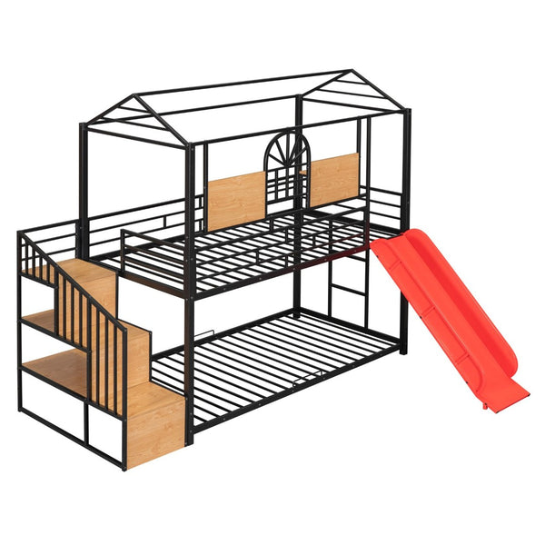 English Elm Twin Playhouse Bunk Bed with Built-in Slide Stair Storage and Iron Frame SF000195AAJ-1