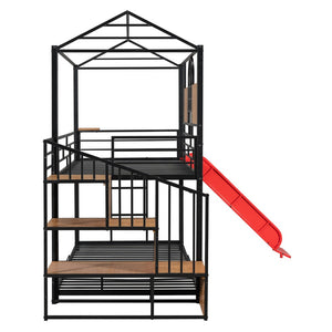 English Elm Twin Playhouse Bunk Bed with Built-in Slide Stair Storage and Iron Frame SF000195AAJ-1