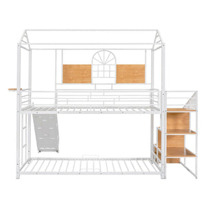 English Elm Twin Playhouse Bunk Bed with Built-in Slide Stair Storage and Iron Frame White SF000195AAK-1