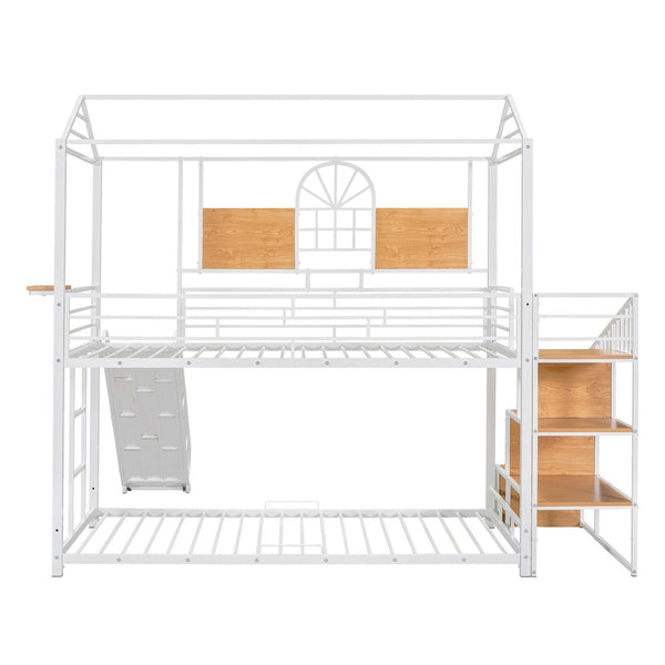 English Elm Twin Playhouse Bunk Bed with Built-in Slide Stair Storage and Iron Frame White SF000195AAK-1