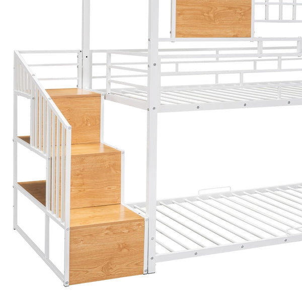 English Elm Twin Playhouse Bunk Bed with Built-in Slide Stair Storage and Iron Frame White SF000195AAK-1