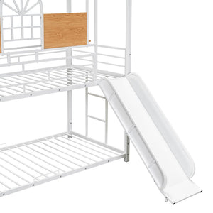 English Elm Twin Playhouse Bunk Bed with Built-in Slide Stair Storage and Iron Frame White SF000195AAK-1