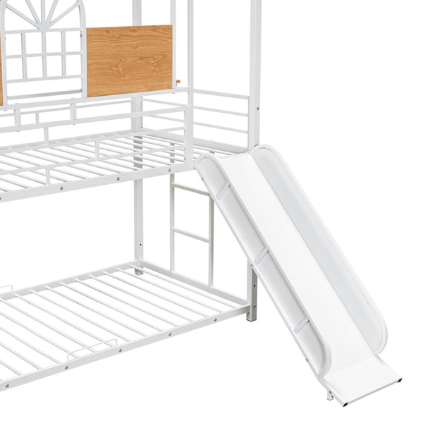English Elm Twin Playhouse Bunk Bed with Built-in Slide Stair Storage and Iron Frame White SF000195AAK-1