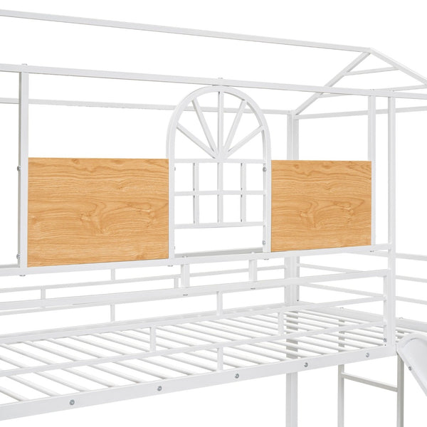 English Elm Twin Playhouse Bunk Bed with Built-in Slide Stair Storage and Iron Frame White SF000195AAK-1