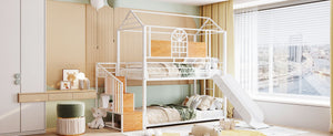 English Elm Twin Playhouse Bunk Bed with Built-in Slide Stair Storage and Iron Frame White SF000195AAK-1