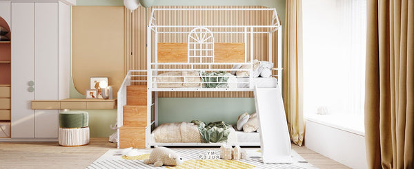 English Elm Twin Playhouse Bunk Bed with Built-in Slide Stair Storage and Iron Frame White SF000195AAK-1