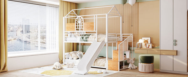 English Elm Twin Playhouse Bunk Bed with Built-in Slide Stair Storage and Iron Frame White SF000195AAK-1