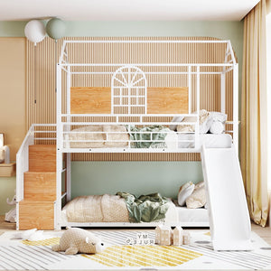 English Elm Twin Playhouse Bunk Bed with Built-in Slide Stair Storage and Iron Frame White SF000195AAK-1