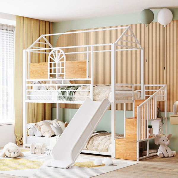 English Elm Twin Playhouse Bunk Bed with Built-in Slide Stair Storage and Iron Frame White SF000195AAK-1