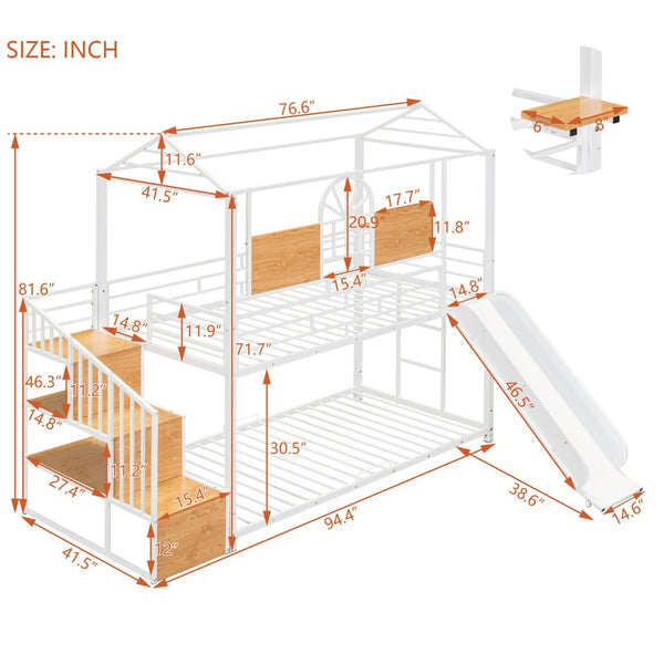 English Elm Twin Playhouse Bunk Bed with Built-in Slide Stair Storage and Iron Frame White SF000195AAK-1