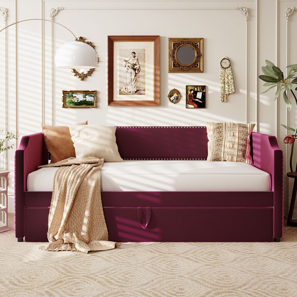 English Elm Twin Velvet Upholstered Daybed with Pop up Trundle for Guest or Studio Rooms SF000197AAJ