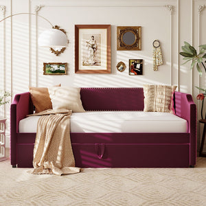 English Elm Twin Velvet Upholstered Daybed with Pop up Trundle for Guest or Studio Rooms SF000197AAJ