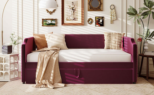 English Elm Twin Velvet Upholstered Daybed with Pop up Trundle for Guest or Studio Rooms SF000197AAJ