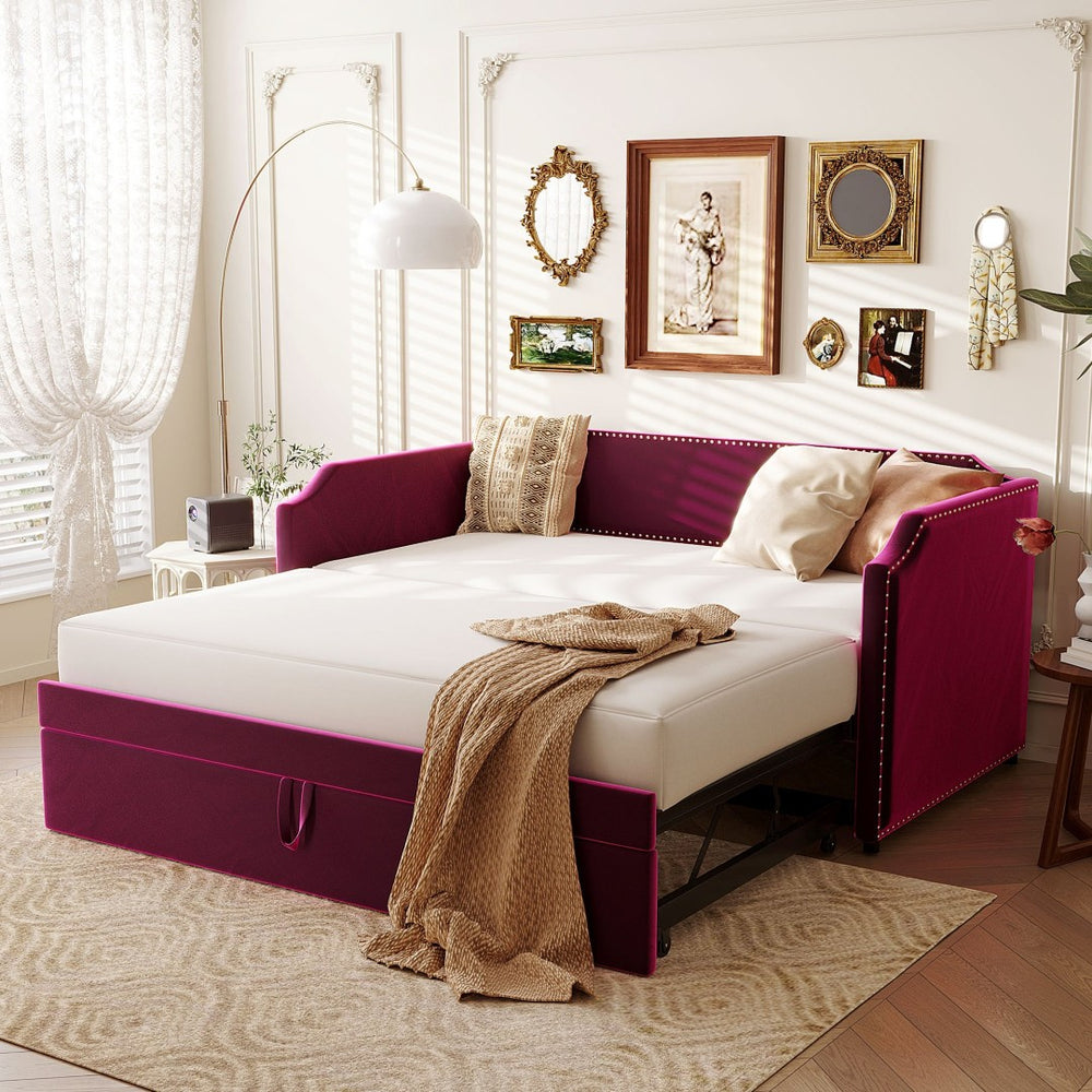 English Elm Twin Velvet Upholstered Daybed with Pop up Trundle for Guest or Studio Rooms SF000197AAJ
