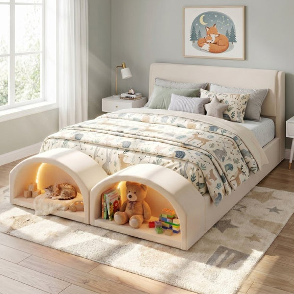 English Elm Queen Velvet Platform Bed with Built-in Led Pet Caves at Footboard for Cats Beige SF000206AAA