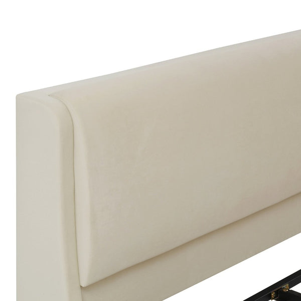 English Elm Queen Velvet Platform Bed with Built-in Led Pet Caves at Footboard for Cats Beige SF000206AAA