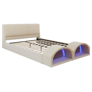 English Elm Queen Velvet Platform Bed with Built-in Led Pet Caves at Footboard for Cats Beige SF000206AAA