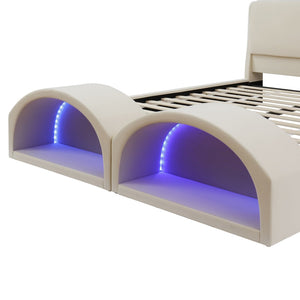 English Elm Queen Velvet Platform Bed with Built-in Led Pet Caves at Footboard for Cats Beige SF000206AAA