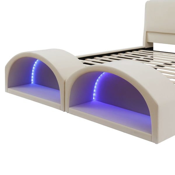 English Elm Queen Velvet Platform Bed with Built-in Led Pet Caves at Footboard for Cats Beige SF000206AAA
